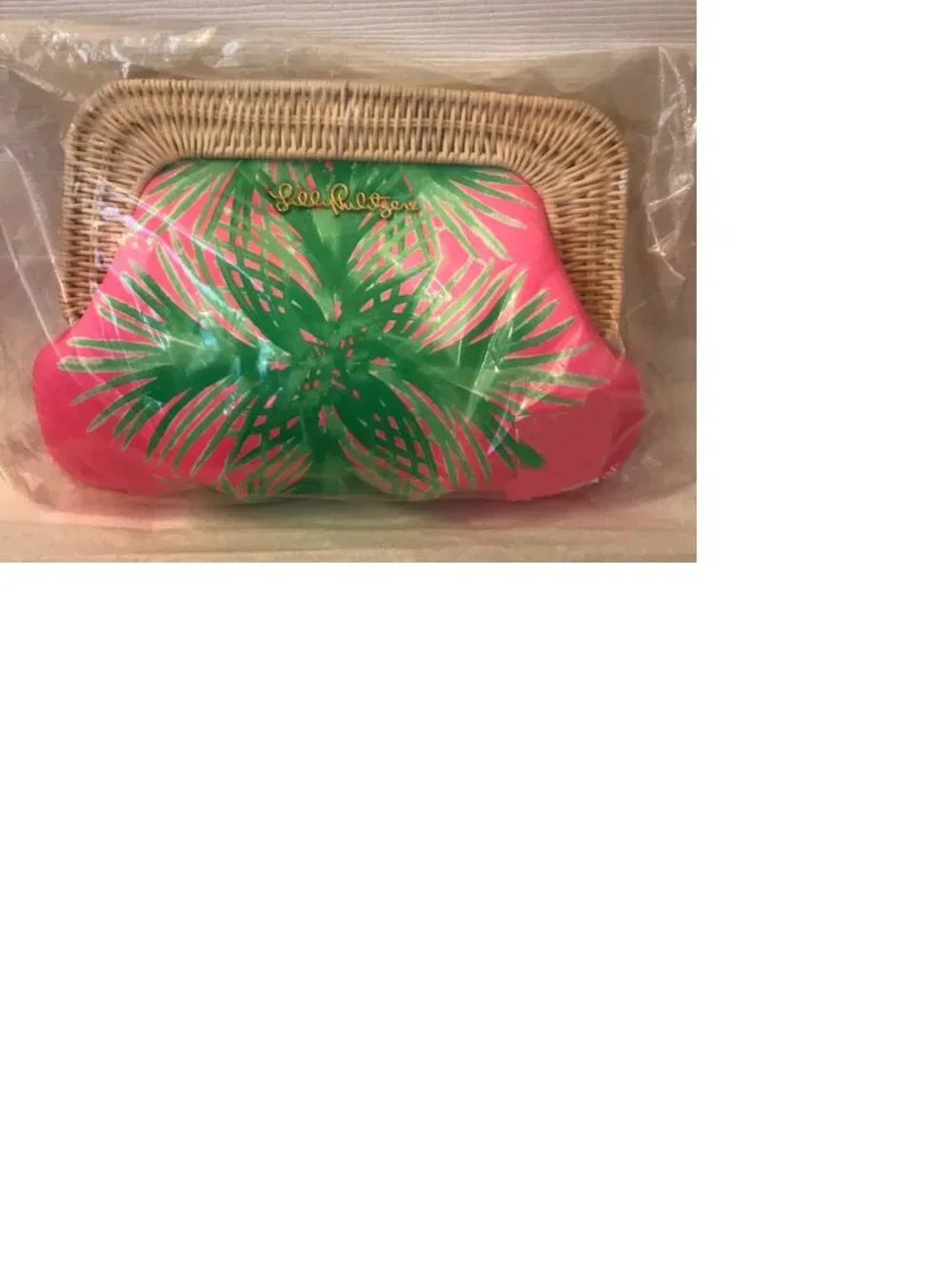 Lilly Pulitzer Palmella Clutch Tikki Pink Palm Place Engineered Wicker Handle - Picture 1 of 4